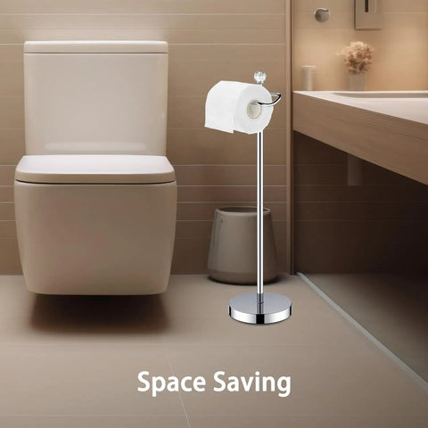 Reserve Function Free Standing Toilet Paper Holder With Crystal Finial In Chrome Finish beside a modern bathroom toilet