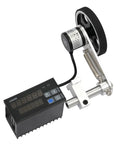 Digital Measuring Wheel With Feet And Meters Counter For Wire Cable Fabric Tracking Heavy Duty rolling length gauge close-up view of drum and counter.