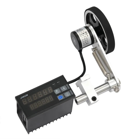 Digital Measuring Wheel With Feet And Meters Counter For Wire Cable Fabric Tracking Heavy Duty rolling length gauge close-up view of drum and counter.