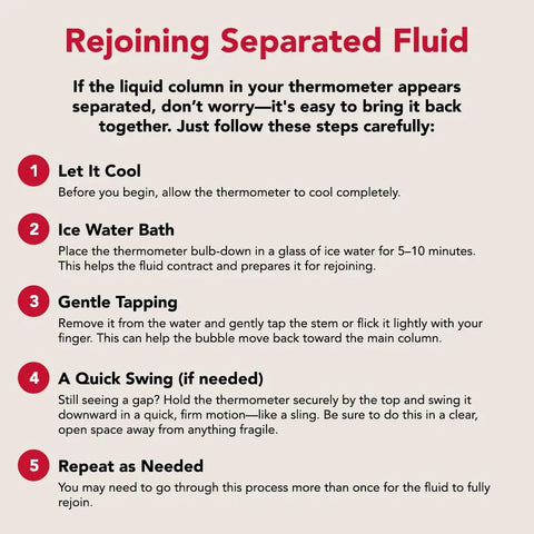 Instructions for rejoining separated fluid in a thermometer, with steps including cooling, ice bath, tapping, and swinging.