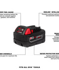 Image of M18 RedLithium XC High Capacity 5.0Ah Extended Battery Pack with labeled features and compatible with M18 tools.