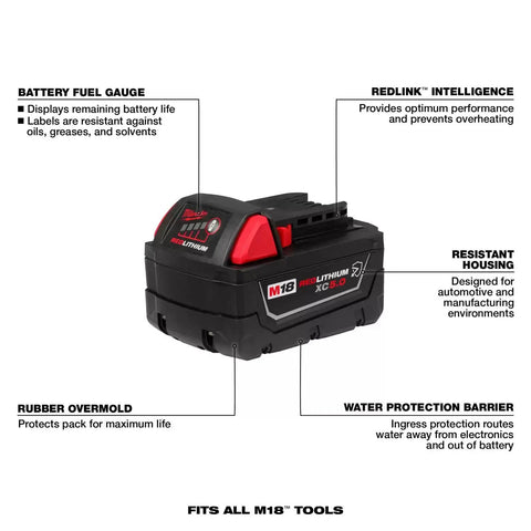 Image of M18 RedLithium XC High Capacity 5.0Ah Extended Battery Pack with labeled features and compatible with M18 tools.