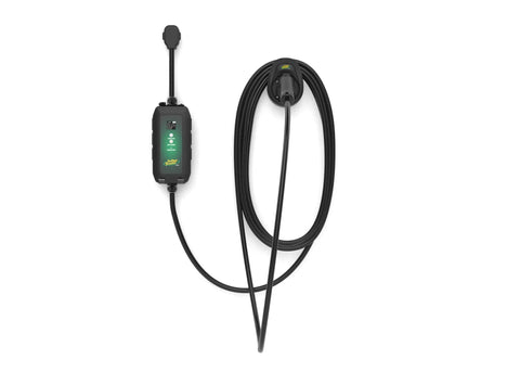 Dead Simple 16 Amp Level One Portable Ev Charger showing LCD screen and J1772 tip with 120V plug for easy charging.