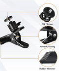 Heavy Duty Camera Mount Clip With 360 Degree Ball Head, Black Spring Clamp for DSLR, close-up of screw, spring, and rubber pad