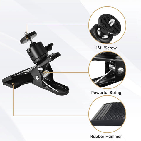 Heavy Duty Camera Mount Clip With 360 Degree Ball Head, Black Spring Clamp for DSLR, close-up of screw, spring, and rubber pad