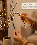 Two Pack Battery Operated LED Willow Branch Lights For Vase Decor being shaped, 30 inch brown twig branches, warm white LEDs