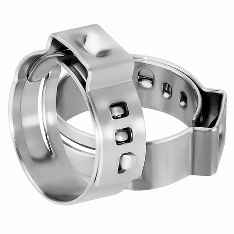 Close-up of 120 Piece Single Ear Hose Clamp Set 15.0 To 17.5 Mm 304 Stainless Steel Cinch Crimp Rings Pinch Clamps, shiny finish