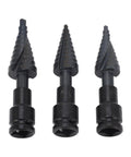 Heavy Duty 3 Piece Step Drill Bit Kit With Woodworking Power For Metal And Plastic Fast Cutting Spiral Flutes Hex Shank Tool Set To Crush Any Job, three black step drill bits