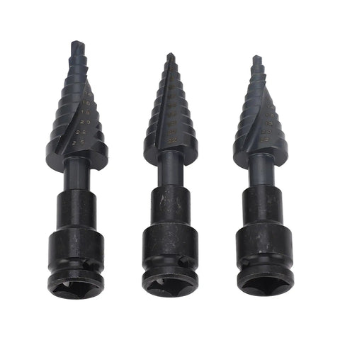Heavy Duty 3 Piece Step Drill Bit Kit With Woodworking Power For Metal And Plastic Fast Cutting Spiral Flutes Hex Shank Tool Set To Crush Any Job, three black step drill bits