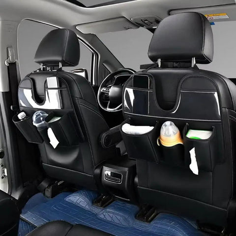 Tesla Cybertruck Rear Seat Back Organizer With Roomy Multi Pouches Heavy Duty Pu Leather Auto Storage Keeper with clear pockets.