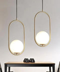 BEQAOR Modern Globe Pendant Light, 1-Light Oval Hoop Hanging Ceiling Fixture with Frosted White Glass Shade and Gold Finish Frame for Bedroom Bedside, double pendant lamps.