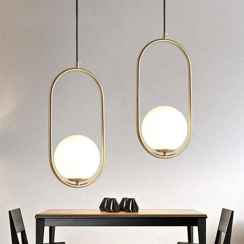 BEQAOR Modern Globe Pendant Light, 1-Light Oval Hoop Hanging Ceiling Fixture with Frosted White Glass Shade and Gold Finish Frame for Bedroom Bedside, double pendant lamps.