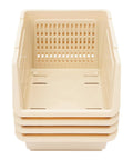 4 Pack Stacking Storage Baskets Featuring Open Front Design Effortless Grab and Go Beige Home Organization Essentials No Cap Your Pantry Will Thank You For This Clean Sweep Setup 11X13.8X8.7 beige plastic baskets stacked with open fronts.