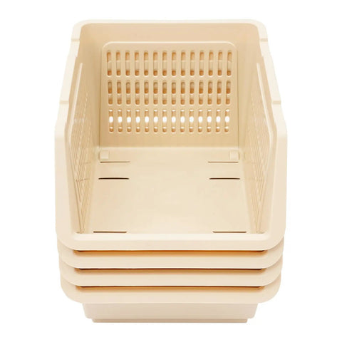 4 Pack Stacking Storage Baskets Featuring Open Front Design Effortless Grab and Go Beige Home Organization Essentials No Cap Your Pantry Will Thank You For This Clean Sweep Setup 11X13.8X8.7 beige plastic baskets stacked with open fronts.