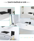 Matte Black Wall Mount Bathtub Faucet With Wide Waterfall Spout Single Handle Roman Tub Filler Brass Construction in bathroom settings