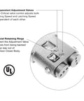 Close-up of the Light Duty 105 Degree Hold Open Overhead Concealed Door Closer Body Only showing adjustment valves and UL Listed mark.