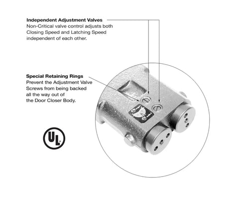 Close-up of the Light Duty 105 Degree Hold Open Overhead Concealed Door Closer Body Only showing adjustment valves and UL Listed mark.