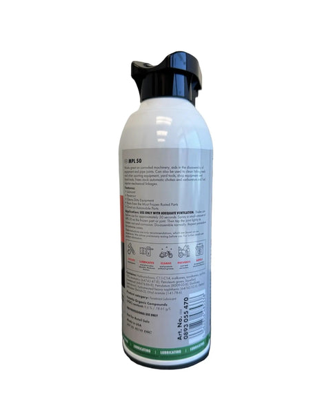 Back view of MPL 50 Aerosol 10 Oz Rust Penetrant And Multi Purpose Lubricant can with detailed product instructions and specifications.