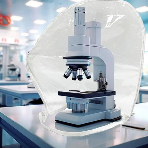 5 Pack Microscope Dust Covers For Lab Use, Waterproof PVC, 20 By 20 Inch, Keeps Dust Off Your Microscope, Easy To Clean, Fits Most Medium To Small Benchtop Microscopes, Waterproof Shield For Research And Education covering a benchtop microscope
