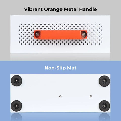 Carryable Micro ATX PC Case With Handle For Small Form Factor Builds ITX MATX Mini Tower With Ventilation Panels Dope For DIY PCs HTPC Setups Home Office And Study Supports M ATX And ITX Motherboards White, featuring vibrant orange metal handle and non-slip mat.