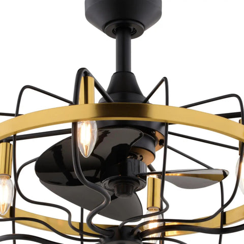 HomeStock Modern Industrial 21-Inch Ceiling Fan with Dimmable Light Kit and Remote Control for Small Rooms, black and gold design, close-up view.