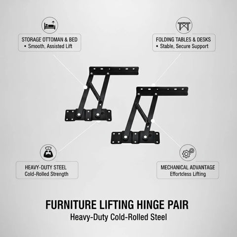 Heavy Duty Lifting Hinge Pair For Lift Top Storage Furniture, Black Cold Rolled Steel, Built For DIY Woodworking, image of hinge