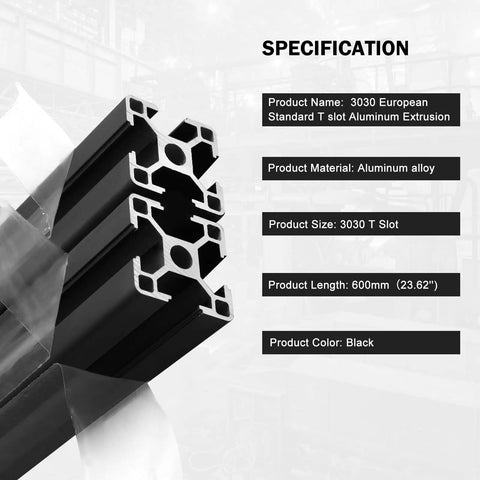 600mm Black 3030 Aluminum Extrusion T Slot Pack Of 4 in black anodized finish with specifications