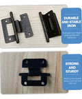 SEWACC 6-pack iron cabinet door hinges, black, self-closing; front and installed views.
