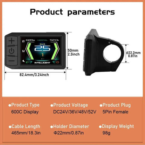 2.4 Inch TFT LCD Ebike Display 600C UART Protocol Cycling Computer IP65 Waterproof dimensions and specifications