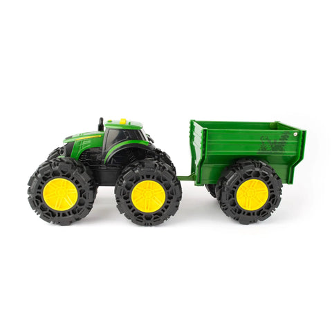 Rad Monster Treads Tractor Toy with Wagon Lights and Sounds Monster Truck Tire Action John Deere Farm Playset, side view
