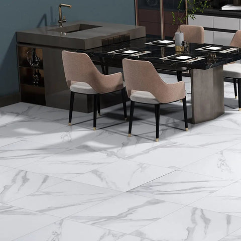 Gray And White Marble Vinyl Floor Tiles Peel And Stick Waterproof 12x12 Inch 16 Pack in elegant dining room setting