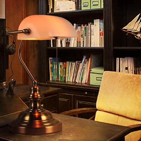 White Matte Glass Banker Desk Lamp in Retro Bronze Finish With Rotatable Lampshade, Pull Switch, in an office setting