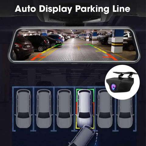 10 Inch Full Touch Screen Rear View Mirror Dash Cam With Front And Rear 1080P Cameras showing auto display parking line
