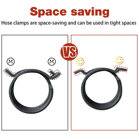 Comparison of two hose clamps showing space-saving design benefits for 42 Piece 24 To 46 mm Spring Hose Clamps Set With Swivel Flat Clamp Pliers And Hose Removal Pliers Assortment Kit Includes 10 Large Sizes Chrome Vanadium Steel Great For Auto And Home Use Pro Grade For Pros And Diyers.