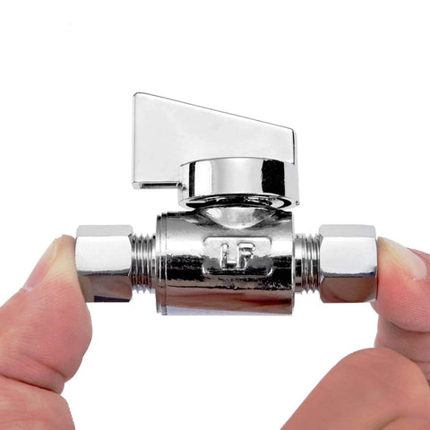 Compression angle valve, front view, chrome brass with 1/4 in compression ends and quarter-turn handle.
