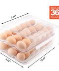 Clear Acrylic Stackable Egg Container For Refrigerator, 36 Count, see-through organizer with eggs inside, dimensions shown