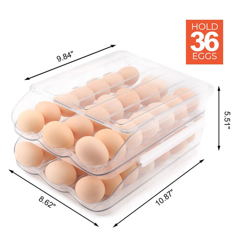 Clear Acrylic Stackable Egg Container For Refrigerator, 36 Count, see-through organizer with eggs inside, dimensions shown