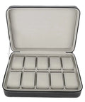 Top Shelf 10 Grid Watch Storage Box With Cushioned Dividers For Organizing Your Cool Watch Collection On The Go Or Desk Display Plus Ring Holder And Travel Essentials Case, open with ten cushioned slots.
