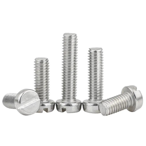 Top Shelf 304 Stainless Steel M1.6 Slotted Round Cheese Head Machine Screws in various lengths for DIY assembly jobs.