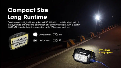NU30 500 Lumen Rechargeable Headlamp With White And Red Beams showcasing USB-C charging on dark path