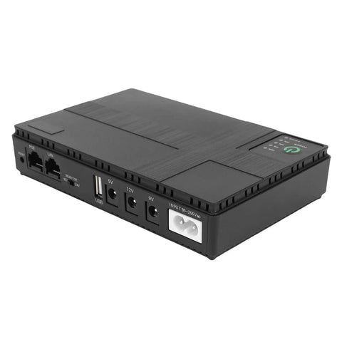 Dont Stress Over Power Outages With This Compact Mini Ups Backup Power Supply Packing 8800mah Capacity And 18w Output To Keep Routers Modems And Security Cameras Running Smoothly, black mini UPS with various power output options.