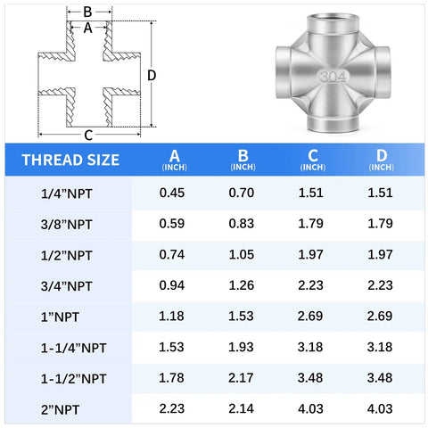 Diagram and size chart for 304 Stainless Steel Four Way Cross Pipe Fitting With Three Eighths Inch NPT Female Threads.