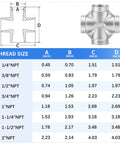 304 Stainless Steel Pipe Fitting 4 Way Cross NPT Female Threads Three Eighths Inch connector with thread size chart