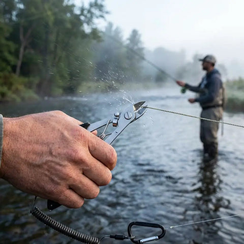 Close-up of 2 Pack Stainless Steel Fishing Pliers With Lanyard in use, cutting fishing line by river, showing durable beefy grip.