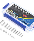 Front view of Glarks 665-piece stainless steel flat hex-head screws set in a blue case with nuts and washers.