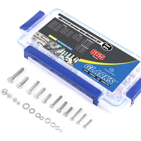 Front view of Glarks 665-piece stainless steel flat hex-head screws set in a blue case with nuts and washers.