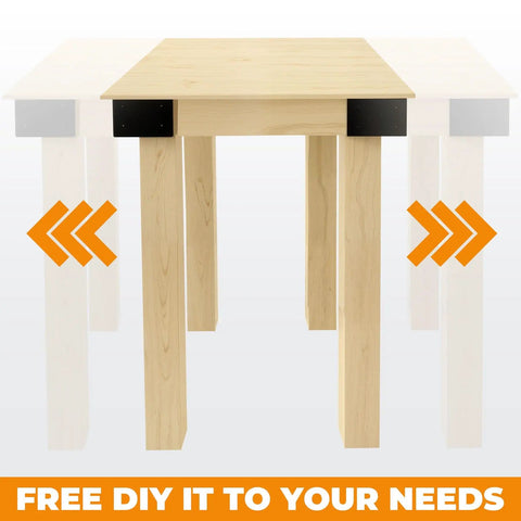 Heavy Duty Workbench Bracket Kit For 2x4 And 4x4 Lumber, example table with leg frame braces, DIY assembly option shown.