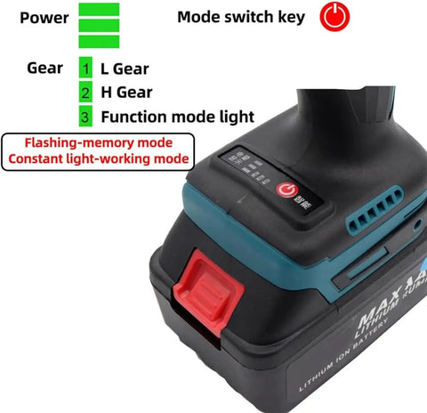Heavy Hitter Cordless Rivet Nut Gun Engineered With Dual Speed Gearbox And Smart Memory 26V Lithium Battery showing mode switch key and power indicators.