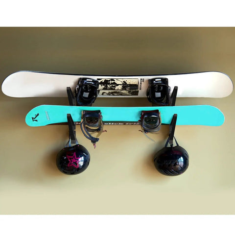 Heavy Duty Premium Adjustable Snowboard And Skateboard Wall Mount Rack For Garage Storage Space Saving Display with two snowboards and helmets