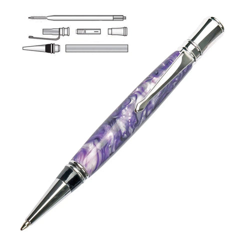 Executive Twist Ballpoint Pen Kit Starter Package for Woodturning Projects, detailed view of pen parts and assembled pen.